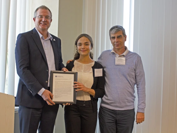 Gabrielle Lambert-Milak, outstanding senior in materials science and engineering, with nominator Pierre Deymier and Craig M. Berge Dean David Hahn.