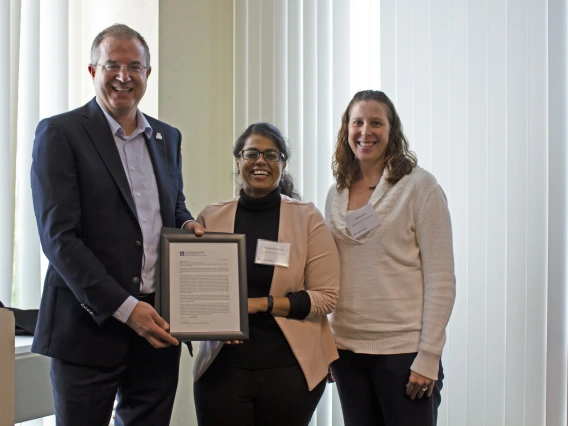 Bharati Neelamraju, outstanding graduate student in materials science and engineering, with nominator Erin Ratcliff and Craig M. Berge Dean David Hahn.