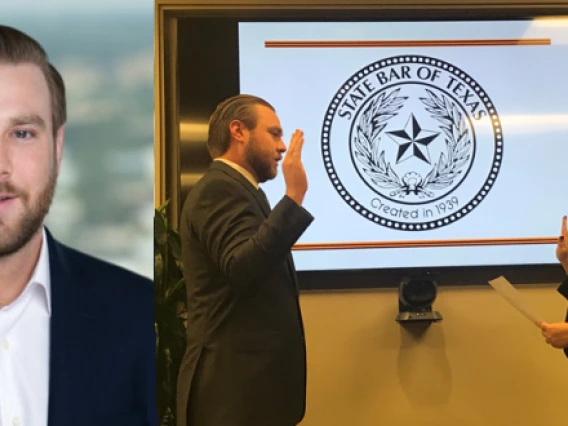 Two photos of David Ashton. One headshot. One of him and a woman facing each other and holding up their hands (his swearing in ceremony to become an attorney)