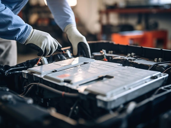 Worker fixes electrical wiring in electric vehicle battery.