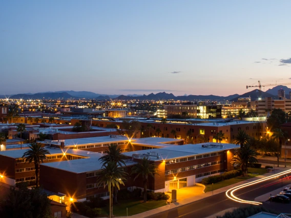 An photograph of campus in the evening, taken from above.