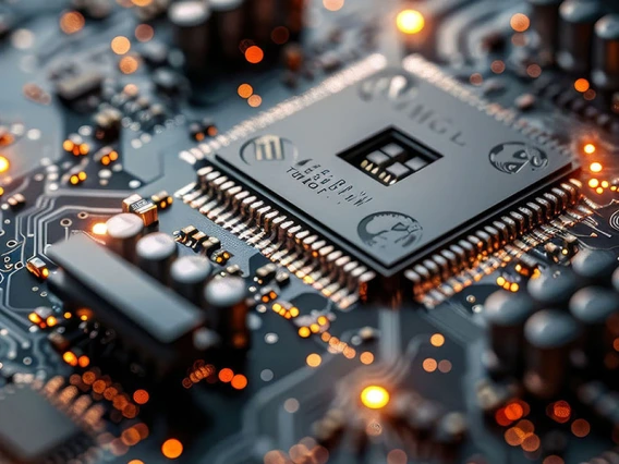 A computer circuit board with red and yellow lasers.
