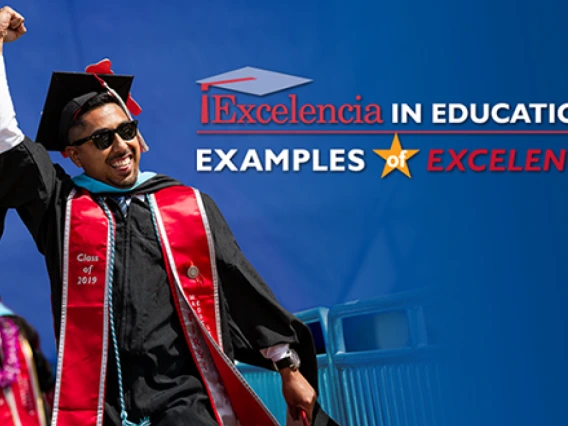 A Latino student wearing sunglasses, a graduation cap and gown and a "Class of 2019" sash raises his fist into the air in excitement. Red and white text on the blue background reads, "Excelencia in Education: Examples of Excelencia."