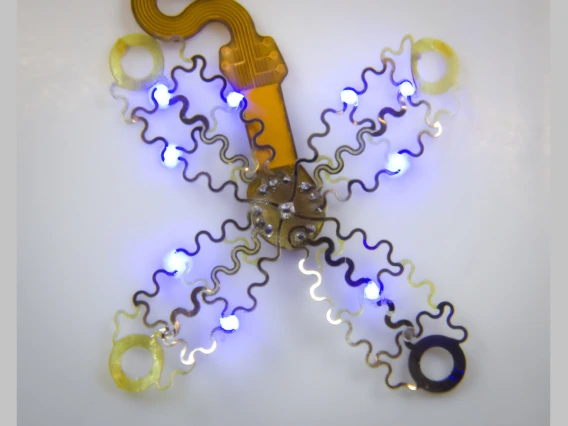 a device that looks like metallic mesh has four petal like pieces radiating from the middle. it is lit up with small blue lights.