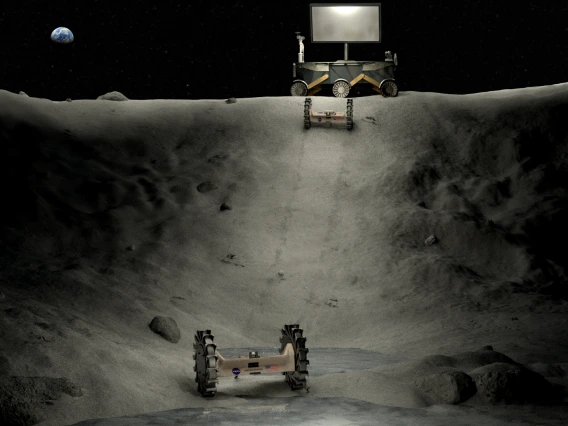 Illustration of power, lighting and roving concepts operating in a lunar crater. (Photo courtesy of NASA)