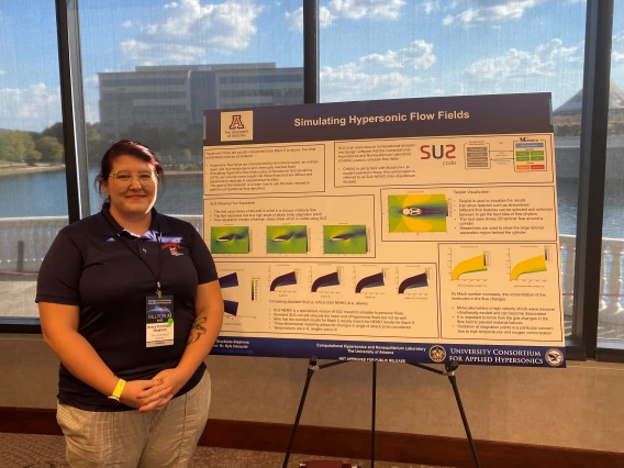 Avery Stockdale-Stepehens stands with a poster pesentation called "Simulating Hypersonic Flow Fields"