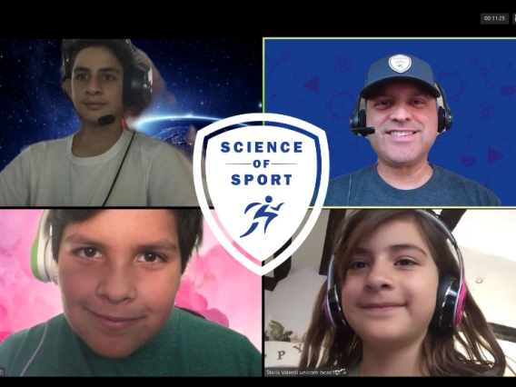 A screen split four ways between Ricardo Valerdi and three kids, with the Science of Sport logo in the center.