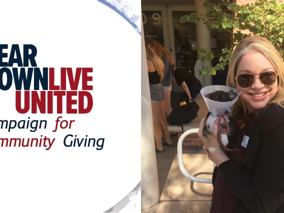 One half of the image is a graphic that says, "Bear Down, Live United: Campaign for Community Giving." in red and blue letters. The other half is a photo of Tiffany Gregory holding a puppy.