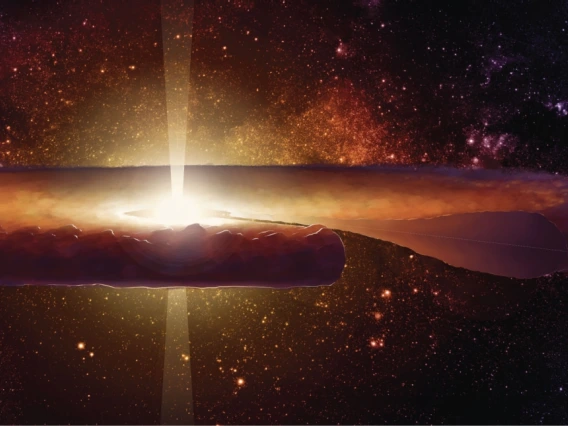 image of a plate-like structure on a space-y galaxy background. There is a hole in the middle of the structure, which is emitting a ray of light both up and down.