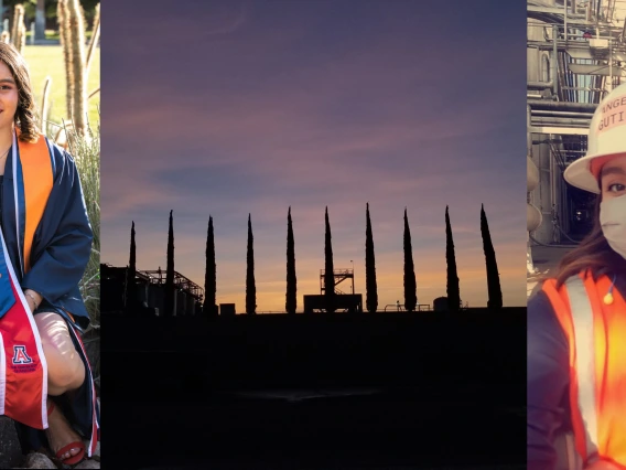 A collage of three photos: One of Angelica Gutierrrez in graduation regalia, one of trees at a winery set against a setting (or rising) sun and one selfie of Angelica wearing an orange vest, a face mask and a white hard hat with her name on it.