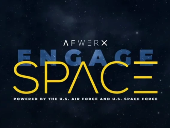 Graphic against a starry background with the words "AFWERX Engage Space: Powered by the U.S. Air Force and U.S. Space Force in white, yellow and blue.