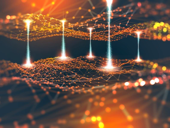 two planes of orange light with nodes connected by lines of white light