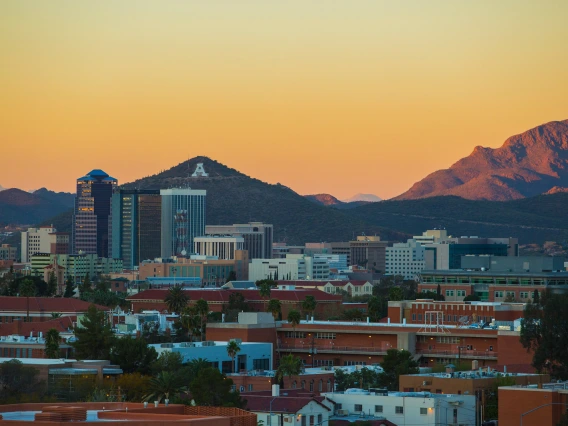 A Mountain as viewed from the University of Arizona campus, with downtown Tucson in the foreground