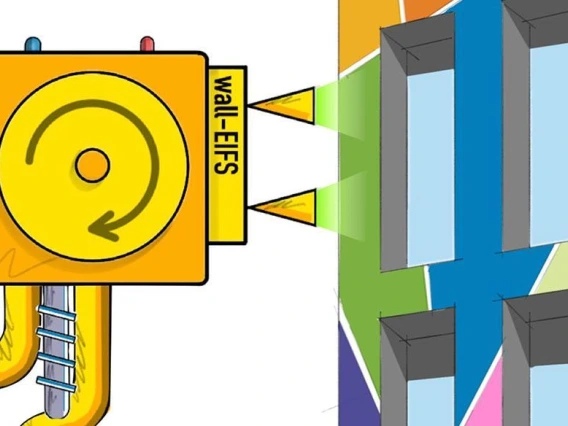 Graphic of a yellow box with a circle on the side, which reads "wall-IEFs." It is spraying a green substance onto the side of a colorful building with six visible windows.