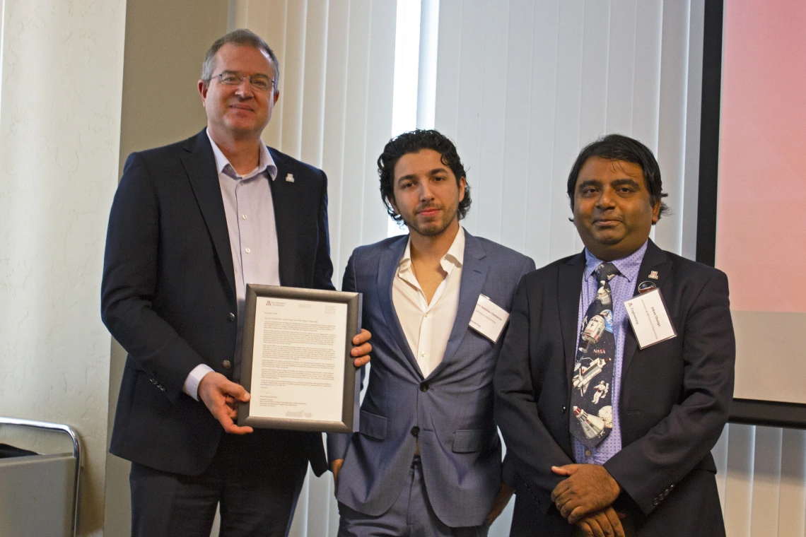 Jesse Samitas-Chavarria, outstanding senior in aerospace engineering, with nominator Jekan Thanga and Craig M. Berge Dean David Hahn.