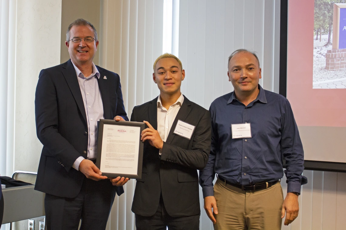 Shawn Granzier-Nakajima, outstanding senior in mechanical engineering, with nominator Samy Missoum and Craig M. Berge Dean David Hahn.