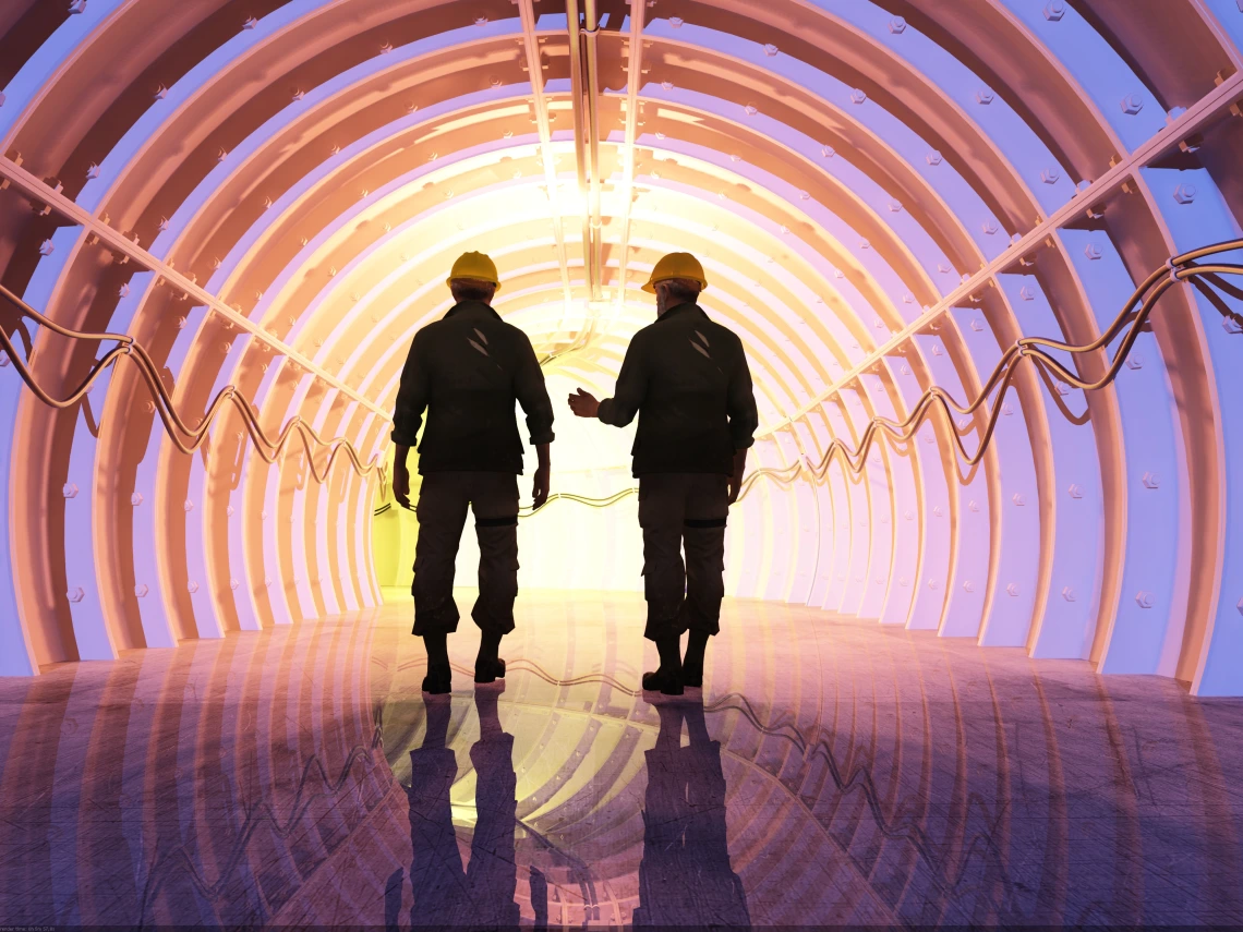 Two men walking down a tunnel. They are silhouetted agains a purple-ish light coming from the end of the tunnel.