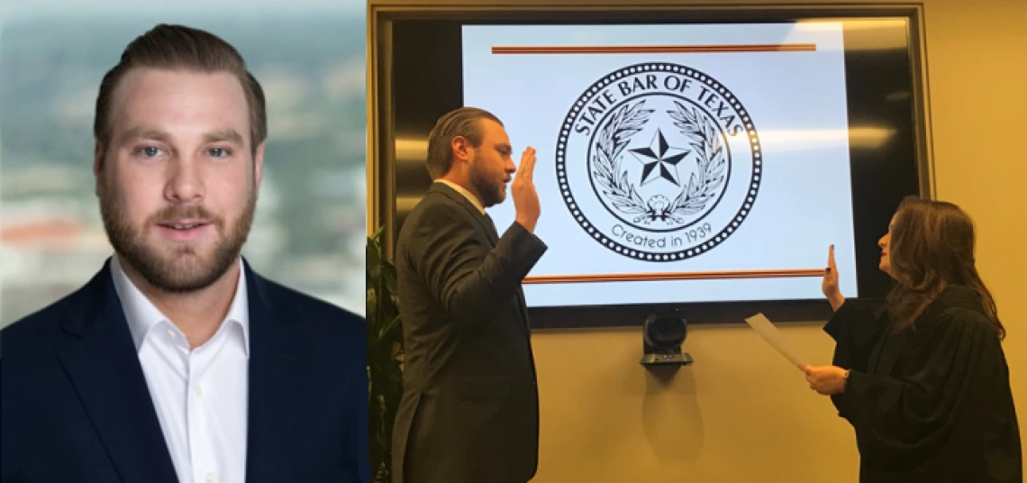 Two photos of David Ashton. One headshot. One of him and a woman facing each other and holding up their hands (his swearing in ceremony to become an attorney)