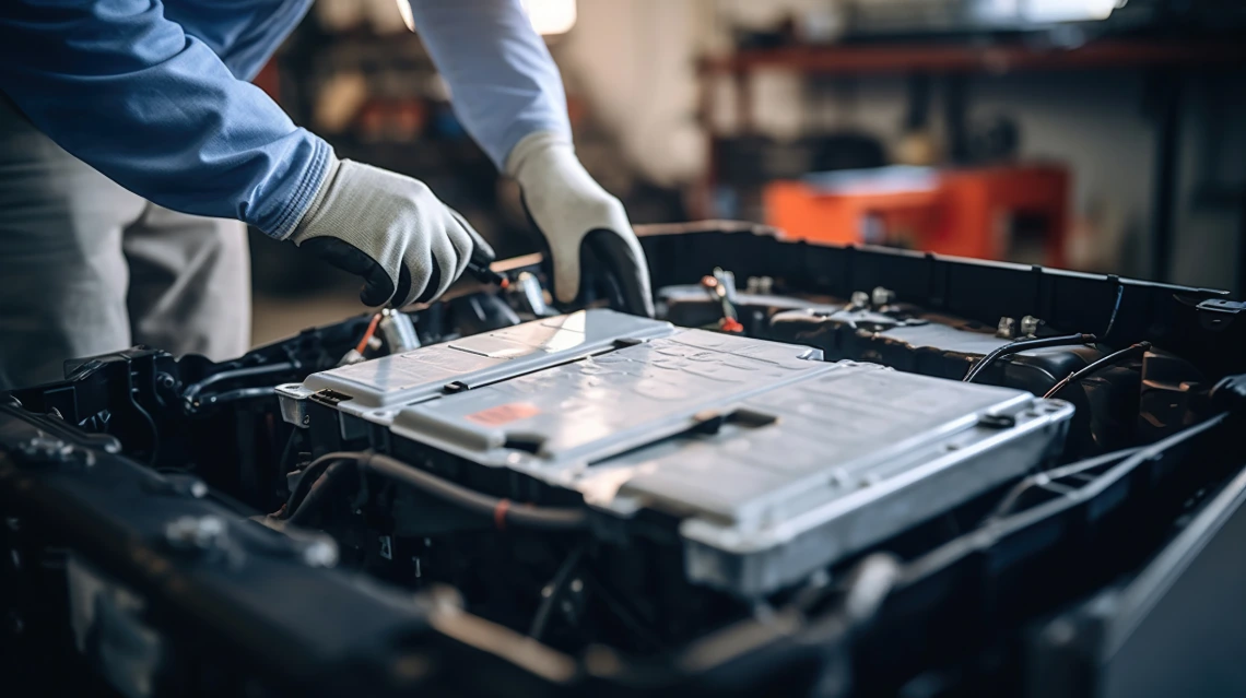 Worker fixes electrical wiring in electric vehicle battery.