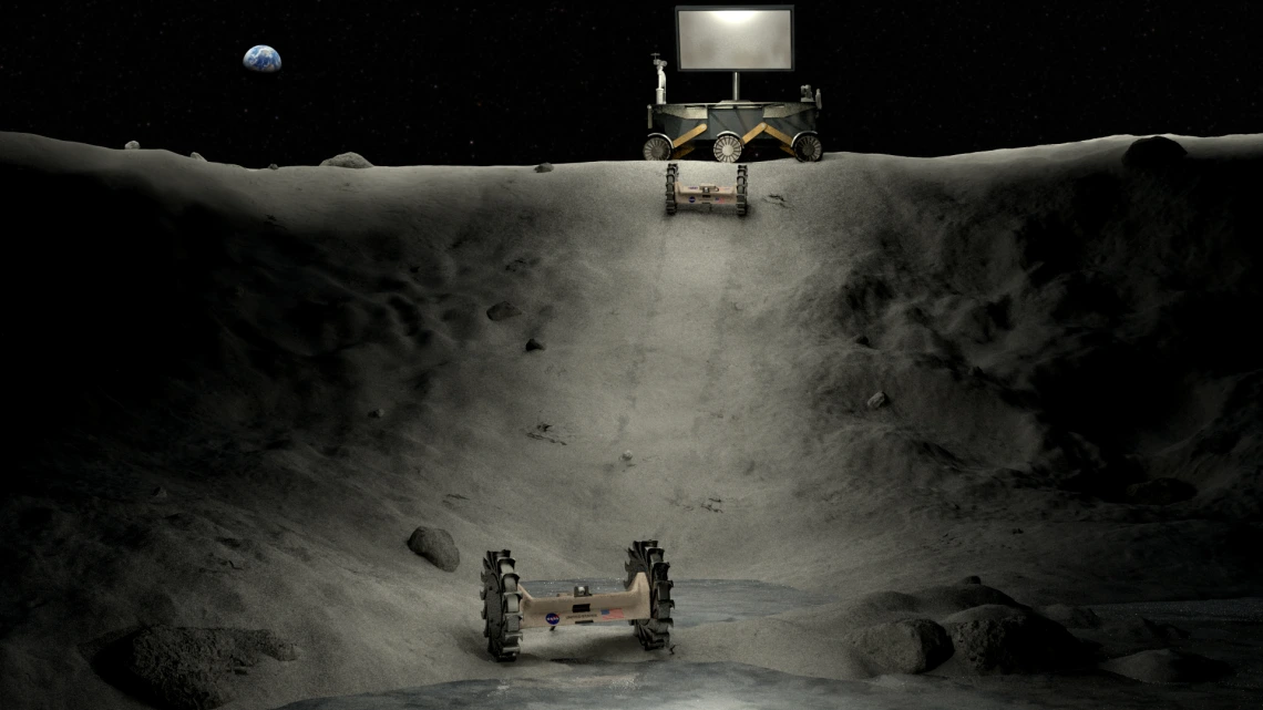 Illustration of power, lighting and roving concepts operating in a lunar crater. (Photo courtesy of NASA)
