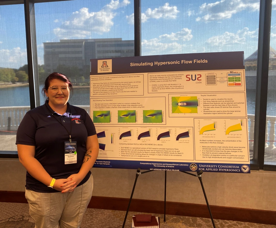 Avery Stockdale-Stepehens stands with a poster pesentation called "Simulating Hypersonic Flow Fields"