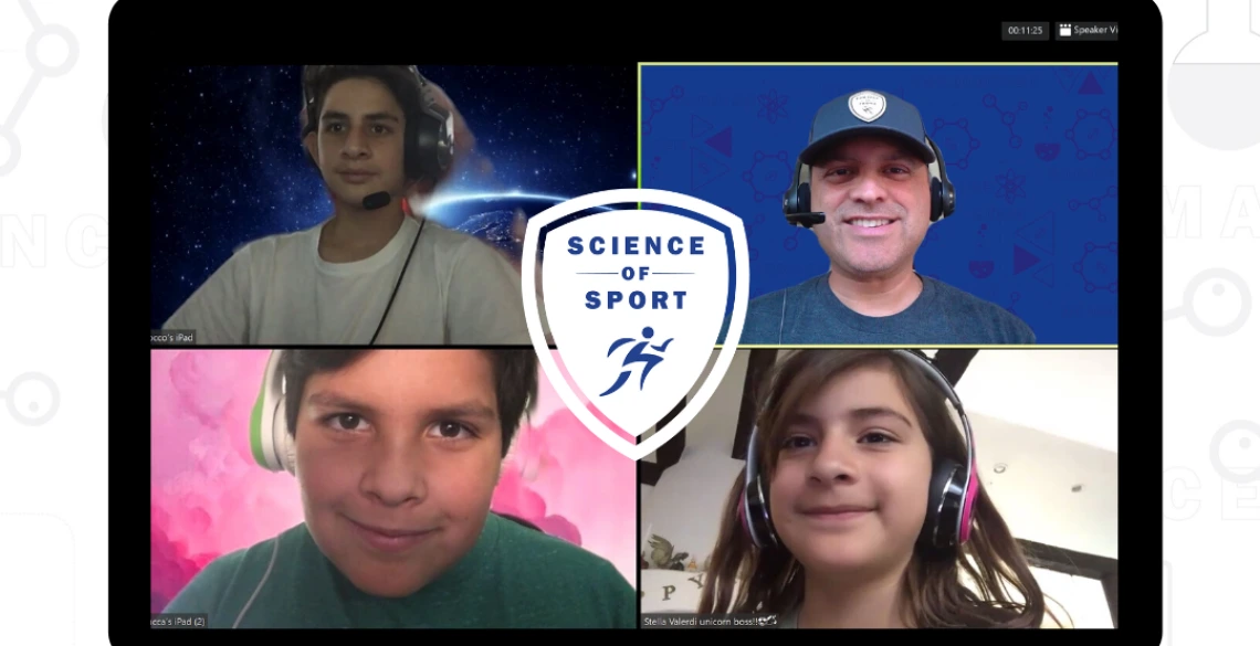 A screen split four ways between Ricardo Valerdi and three kids, with the Science of Sport logo in the center.