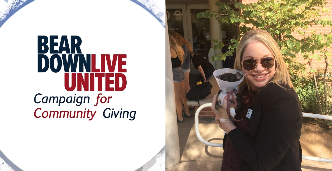 One half of the image is a graphic that says, "Bear Down, Live United: Campaign for Community Giving." in red and blue letters. The other half is a photo of Tiffany Gregory holding a puppy.