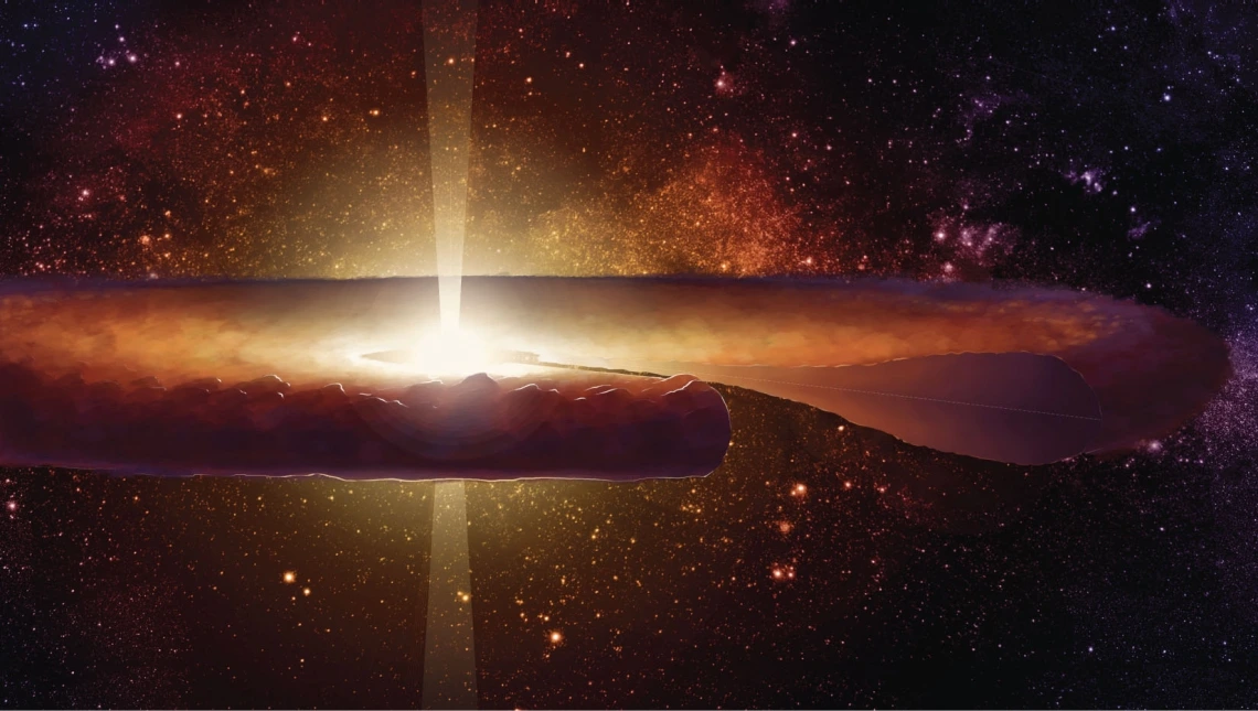 image of a plate-like structure on a space-y galaxy background. There is a hole in the middle of the structure, which is emitting a ray of light both up and down.