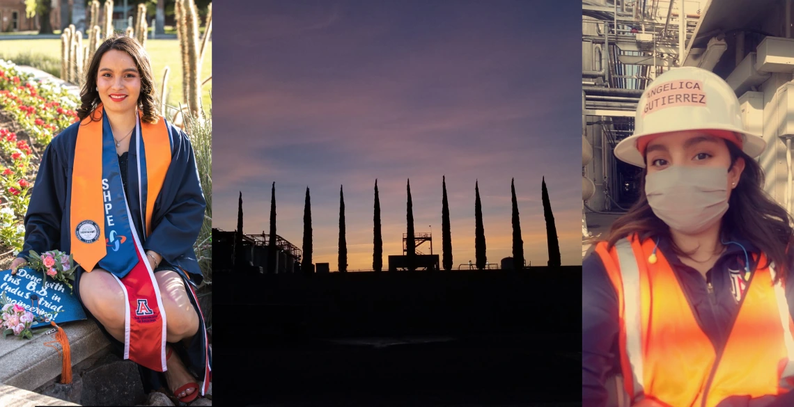 A collage of three photos: One of Angelica Gutierrrez in graduation regalia, one of trees at a winery set against a setting (or rising) sun and one selfie of Angelica wearing an orange vest, a face mask and a white hard hat with her name on it.