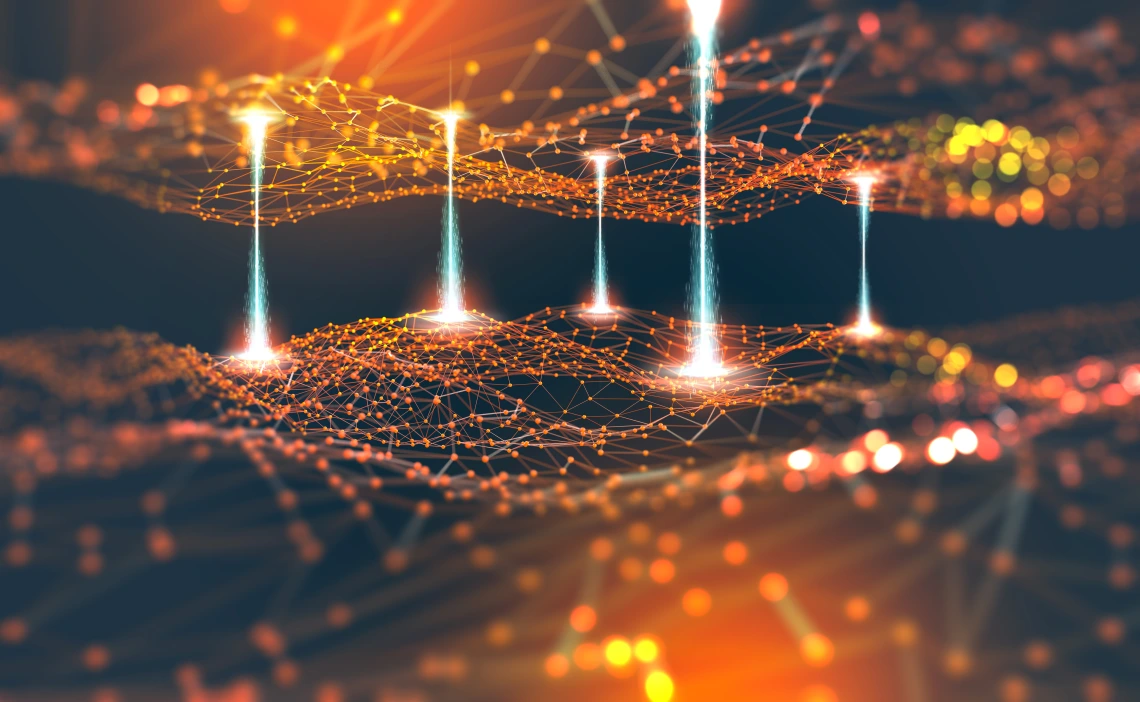 two planes of orange light with nodes connected by lines of white light