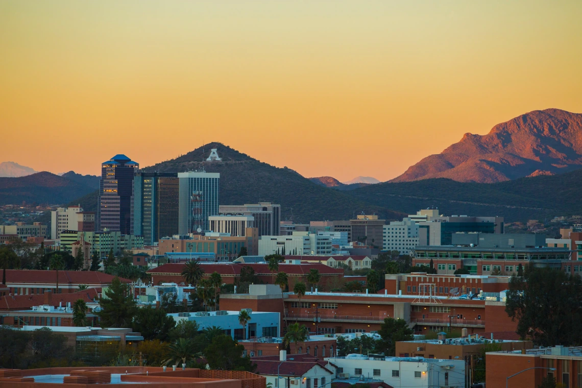 A Mountain as viewed from the University of Arizona campus, with downtown Tucson in the foreground