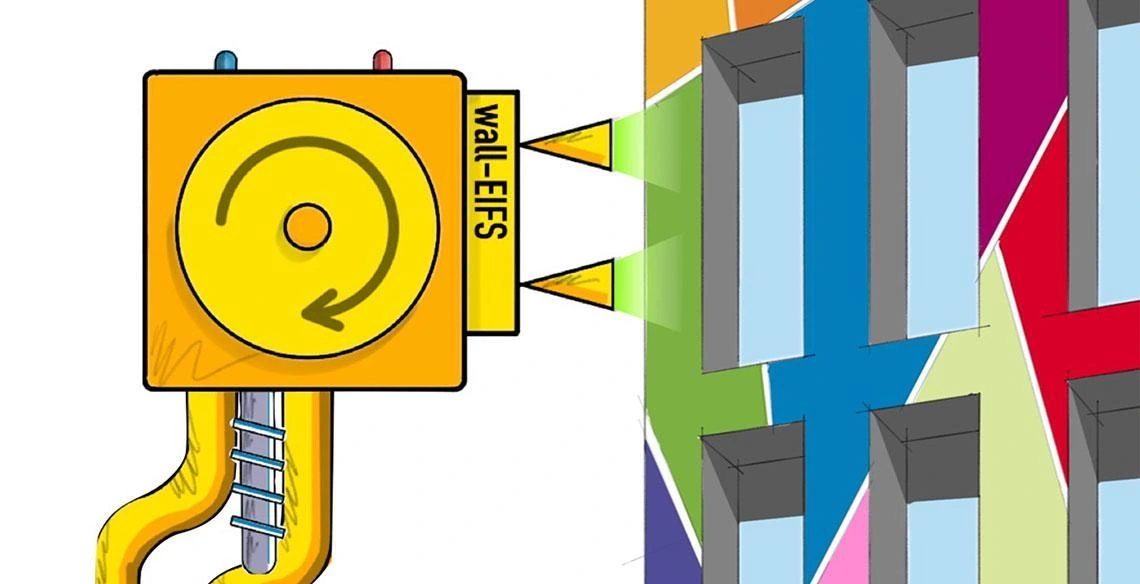 Graphic of a yellow box with a circle on the side, which reads "wall-IEFs." It is spraying a green substance onto the side of a colorful building with six visible windows.