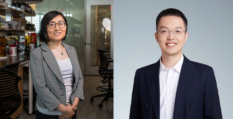 Two people smiles for a photo. There is a woman on the left and a man on the right.