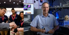 Collage. Zong-Ming Li adjust his wrist brace and Russell Witte poses in a lab.