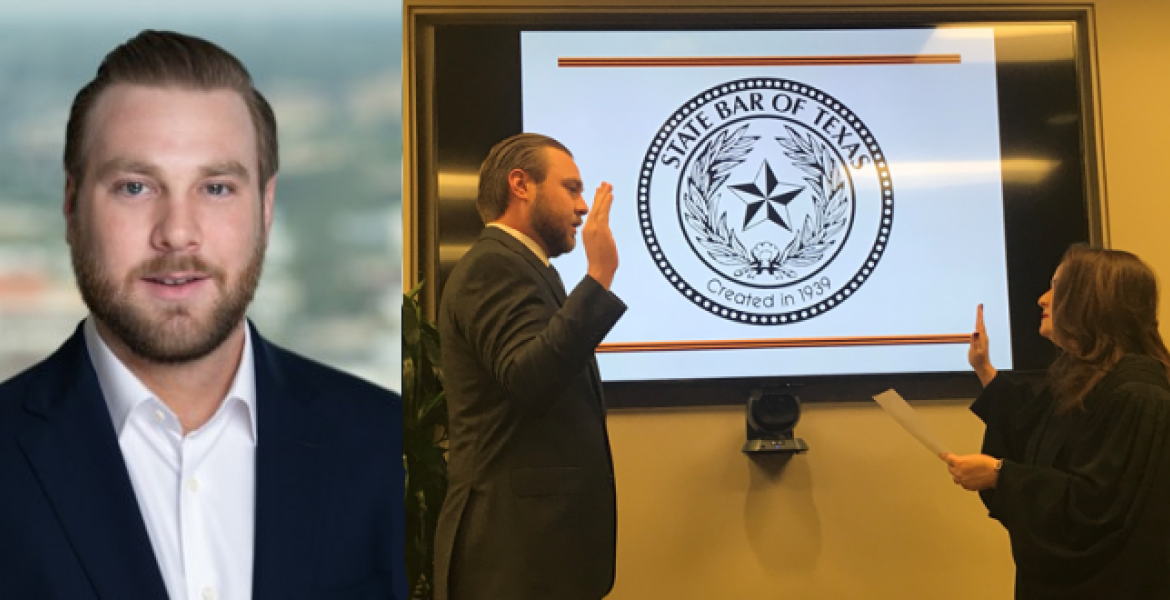 Two photos of David Ashton. One headshot. One of him and a woman facing each other and holding up their hands (his swearing in ceremony to become an attorney)