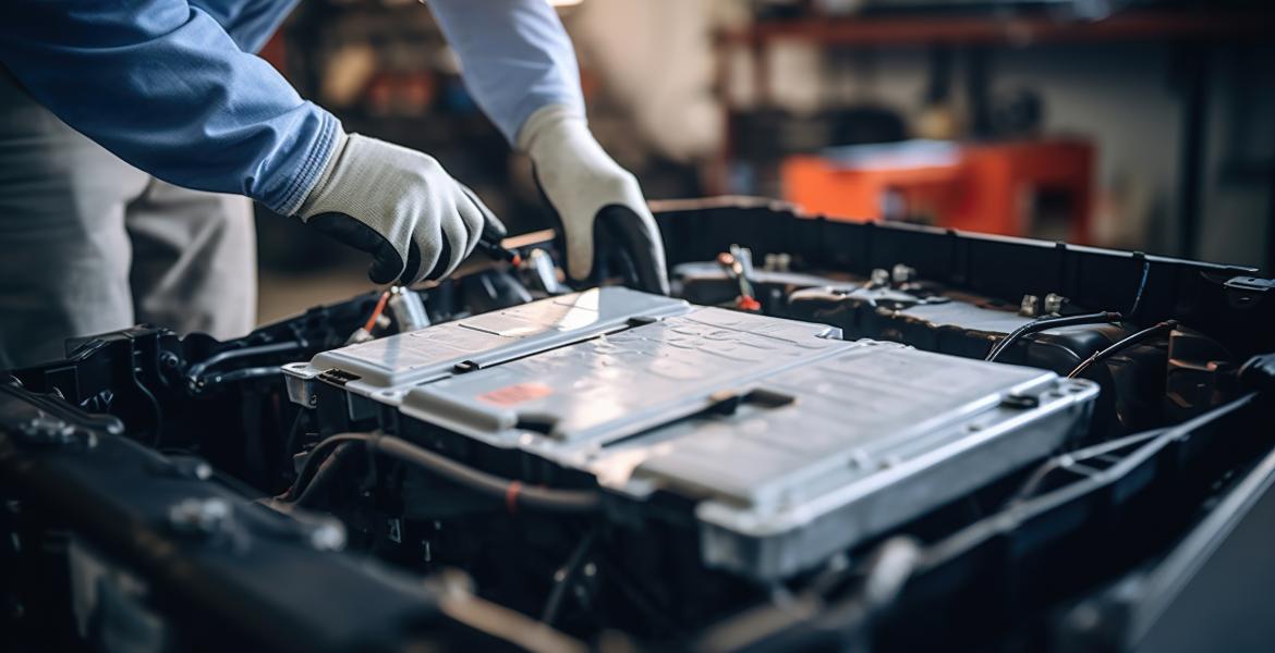 Worker fixes electrical wiring in electric vehicle battery.