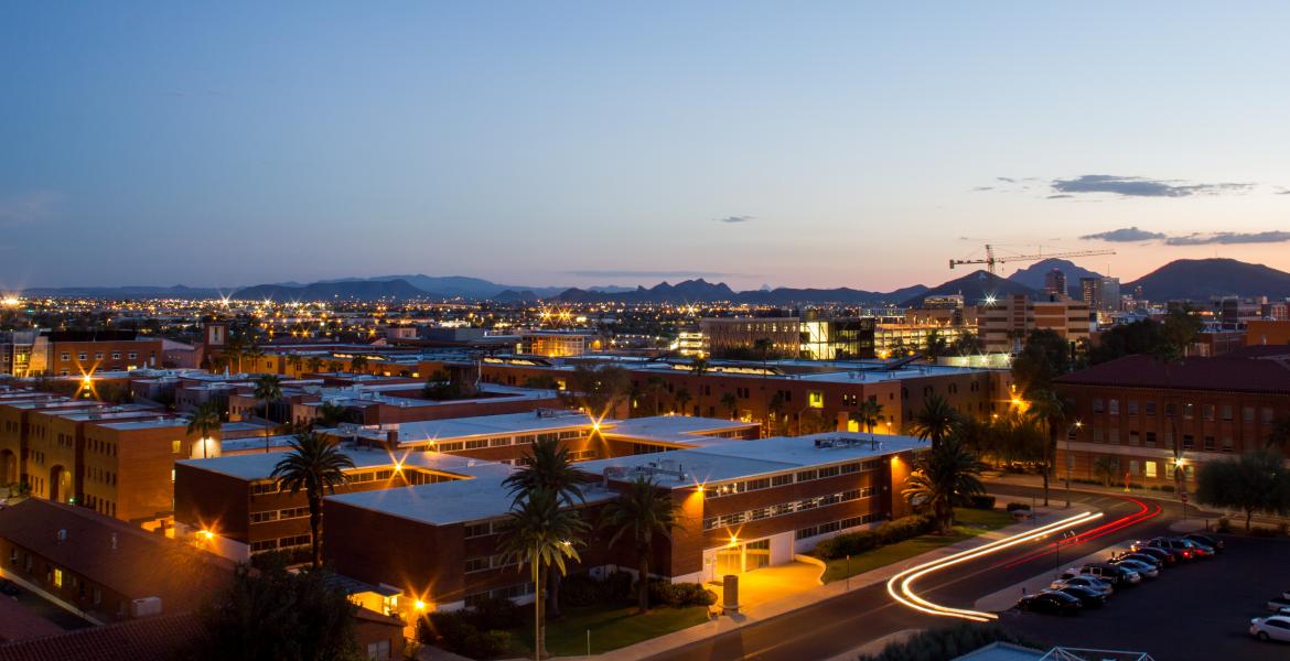 An photograph of campus in the evening, taken from above.