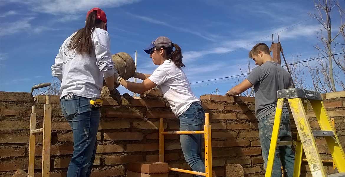 Three students wearing t-shirts and jeans stand on ladders to build a brick wall.