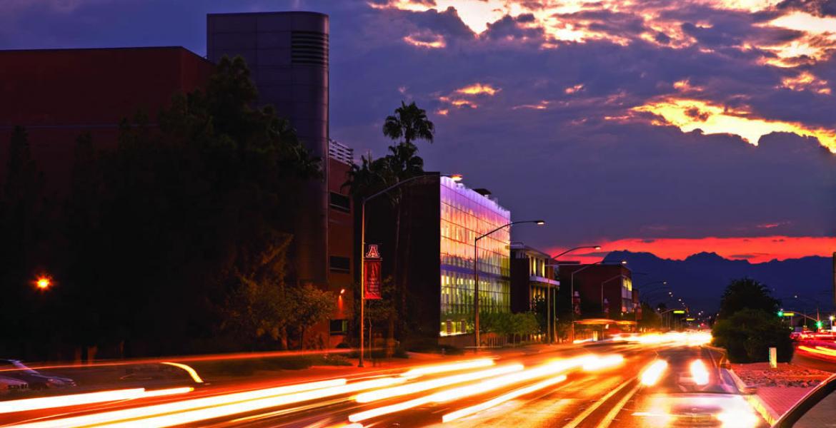 A photo of the electrical and computer engineering building taken from north of Speedway Blvd. 