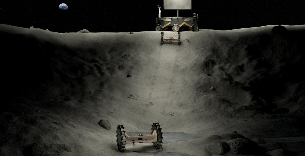 Illustration of power, lighting and roving concepts operating in a lunar crater. (Photo courtesy of NASA)