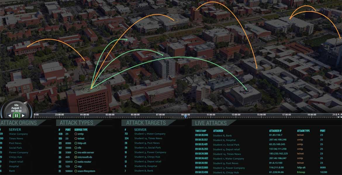 A darkly tinted photo of an aerial view of a city, with lines connecting different buildings. Text along the bottom reads 