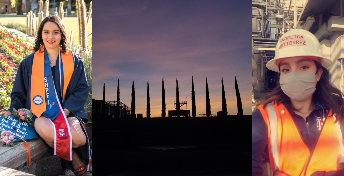  A collage of three photos: One of Angelica Gutierrrez in graduation regalia, one of trees at a winery set against a setting (or rising) sun and one selfie of Angelica wearing an orange vest, a face mask and a white hard hat with her name on it.