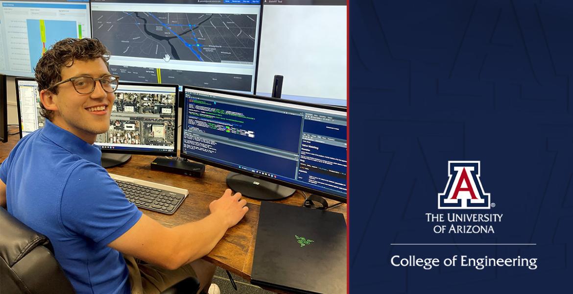 Gabriel Geffen sits at a traffic simulator