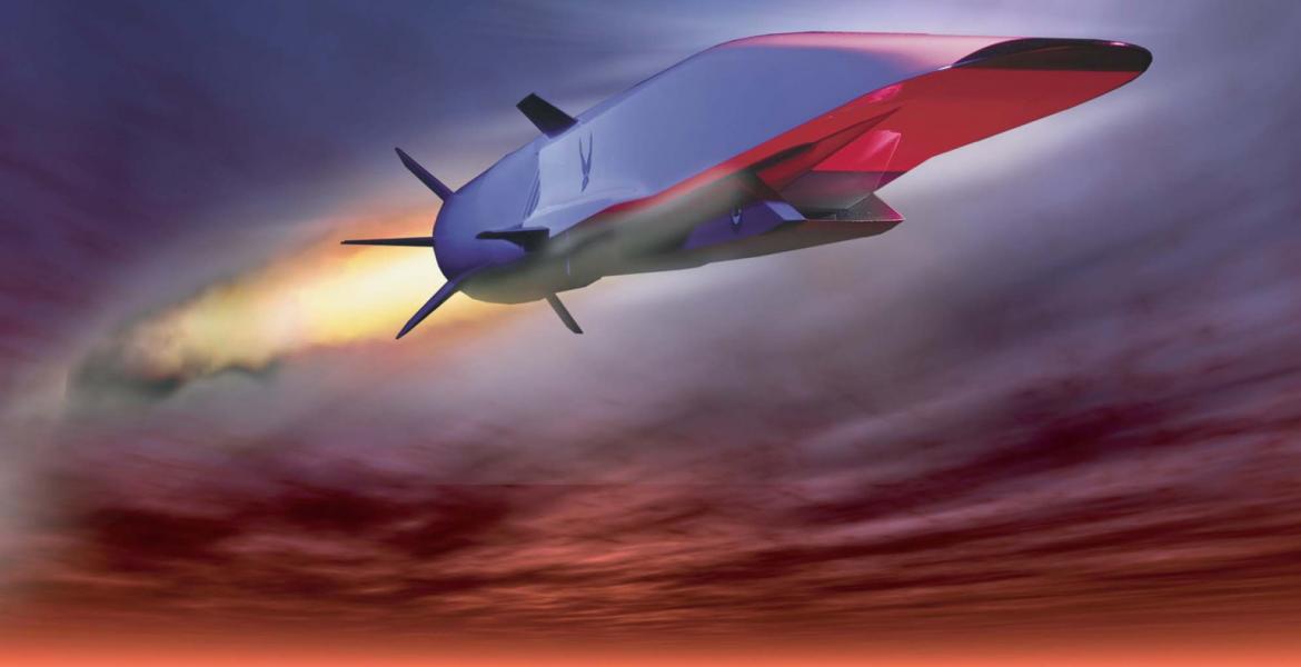 Artist's rendering of a hypersonic vehicle -- a large silver structure leaving a trail of flames behind it as it flies through the clouds.