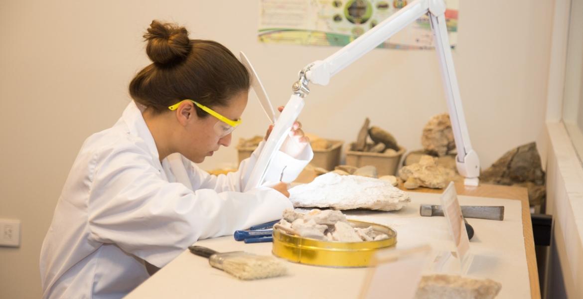 A young woman in a lab coat and goggles leans over a sample of rocks laid out on a table. They are lit up with a bright light shining from a flexible arm.