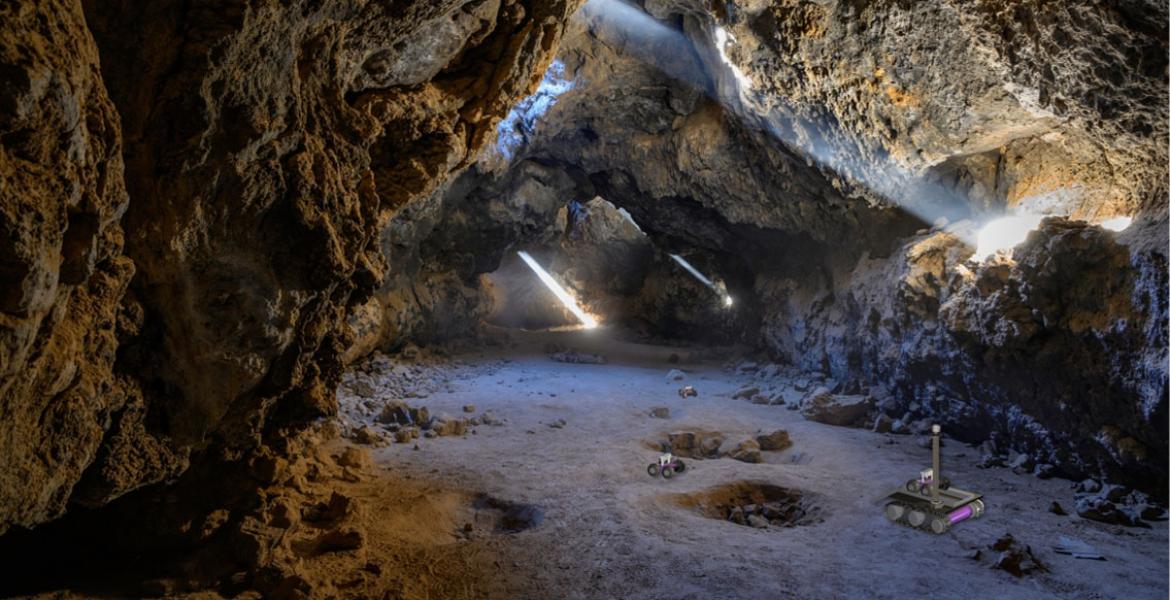 artist's impression of the breadcrumb scenario, autonomous rovers can be seen exploring a lava tube after being deployed by a mother rover that remains at the entrance to maintain contact with an orbiter or a blimp