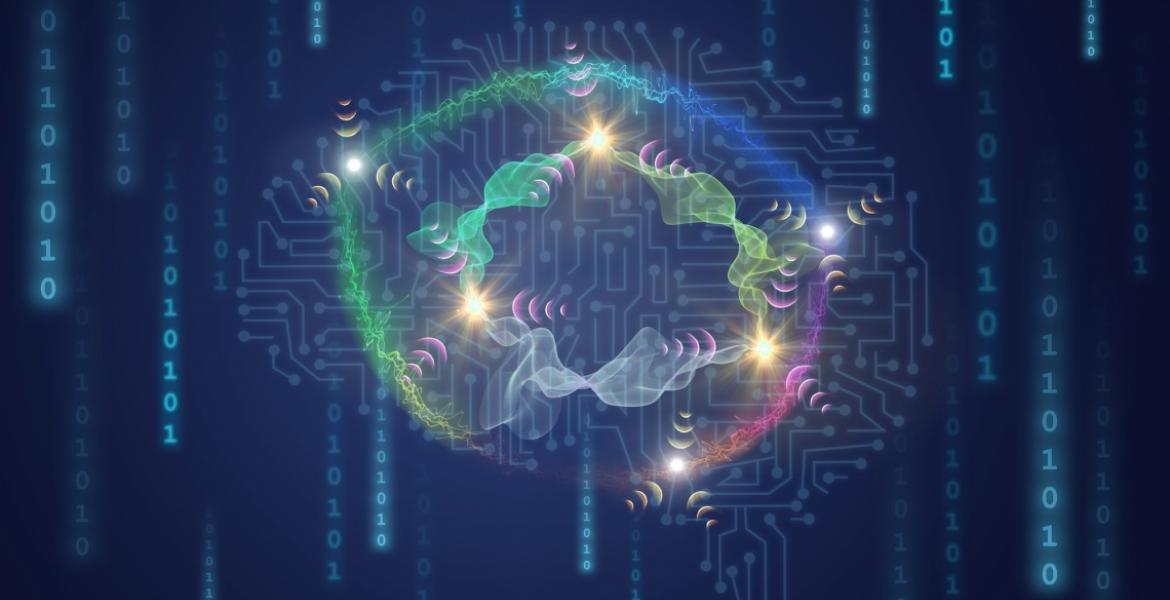 Artist's depiction of a quantum circuit, in which nodes of light are interconnected by streams. lines of 0s and 1s appear in the background.