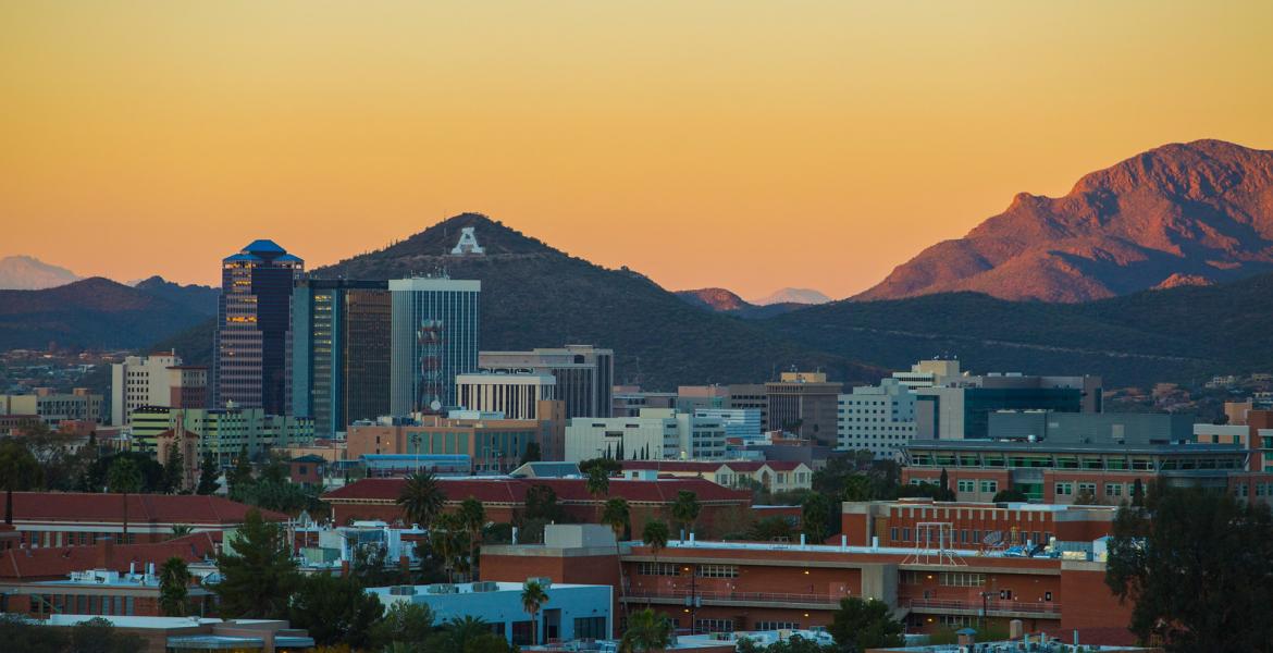 A Mountain as viewed from the University of Arizona campus, with downtown Tucson in the foreground