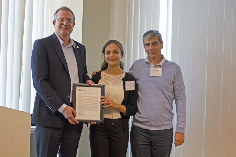Gabrielle Lambert-Milak, outstanding senior in materials science and engineering, with nominator Pierre Deymier and Craig M. Berge Dean David Hahn.