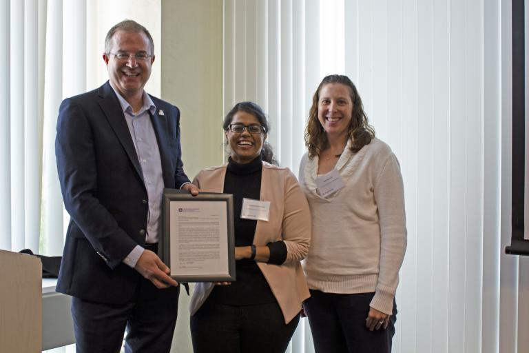 Bharati Neelamraju, outstanding graduate student in materials science and engineering, with nominator Erin Ratcliff and Craig M. Berge Dean David Hahn.